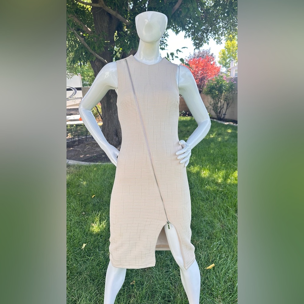 Bebe Cream Asymmetrical Mock Neck Sheath Dress
